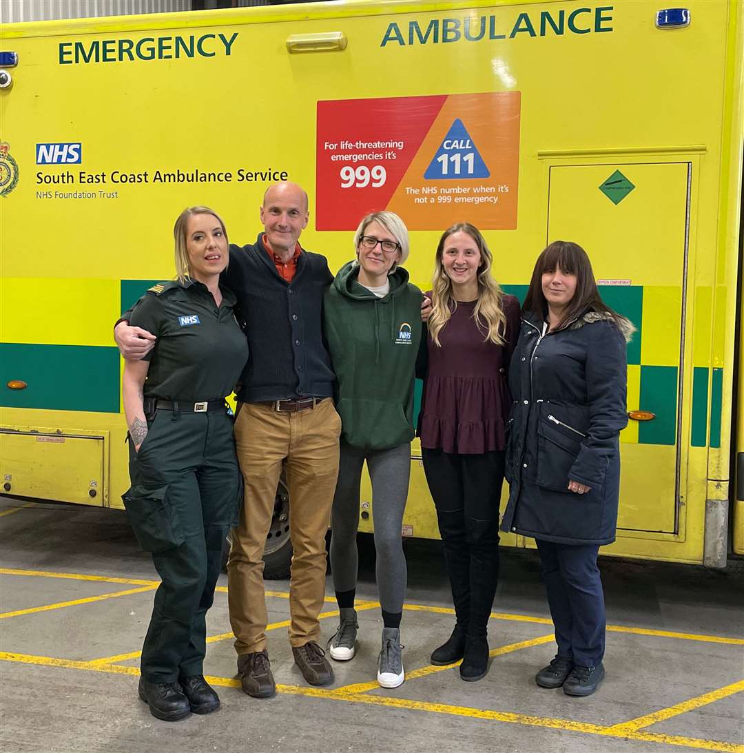 From left: Samantha Rees (trainee associate ambulance practitioner), Ian Harris, paramedic Fran Brewer, Ian’s daughter Emily Martin and Ian’s wife Kerry