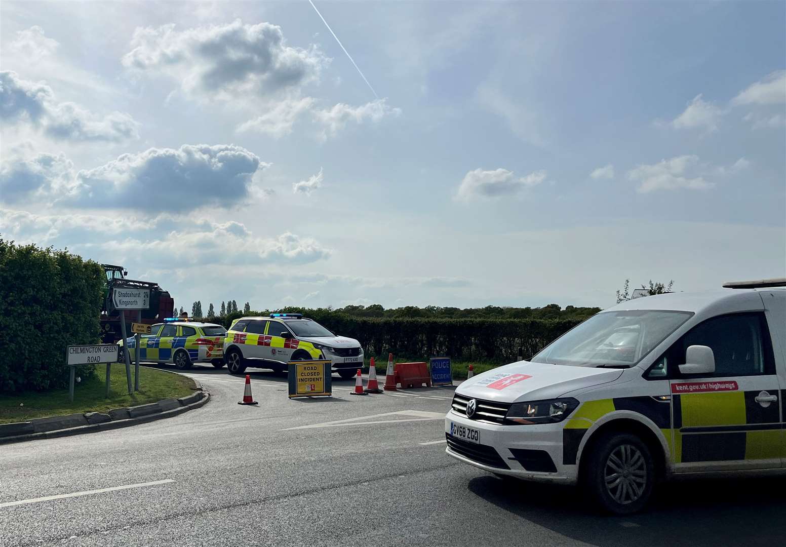The A28 has been closed at Chilmington Green near Ashford with police, firefighters and paramedics at the scene