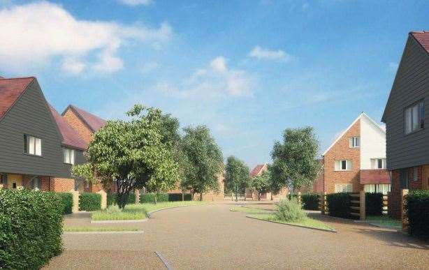 An image of a street scene of the Kingsland Green scheme in Willesborough, Ashford