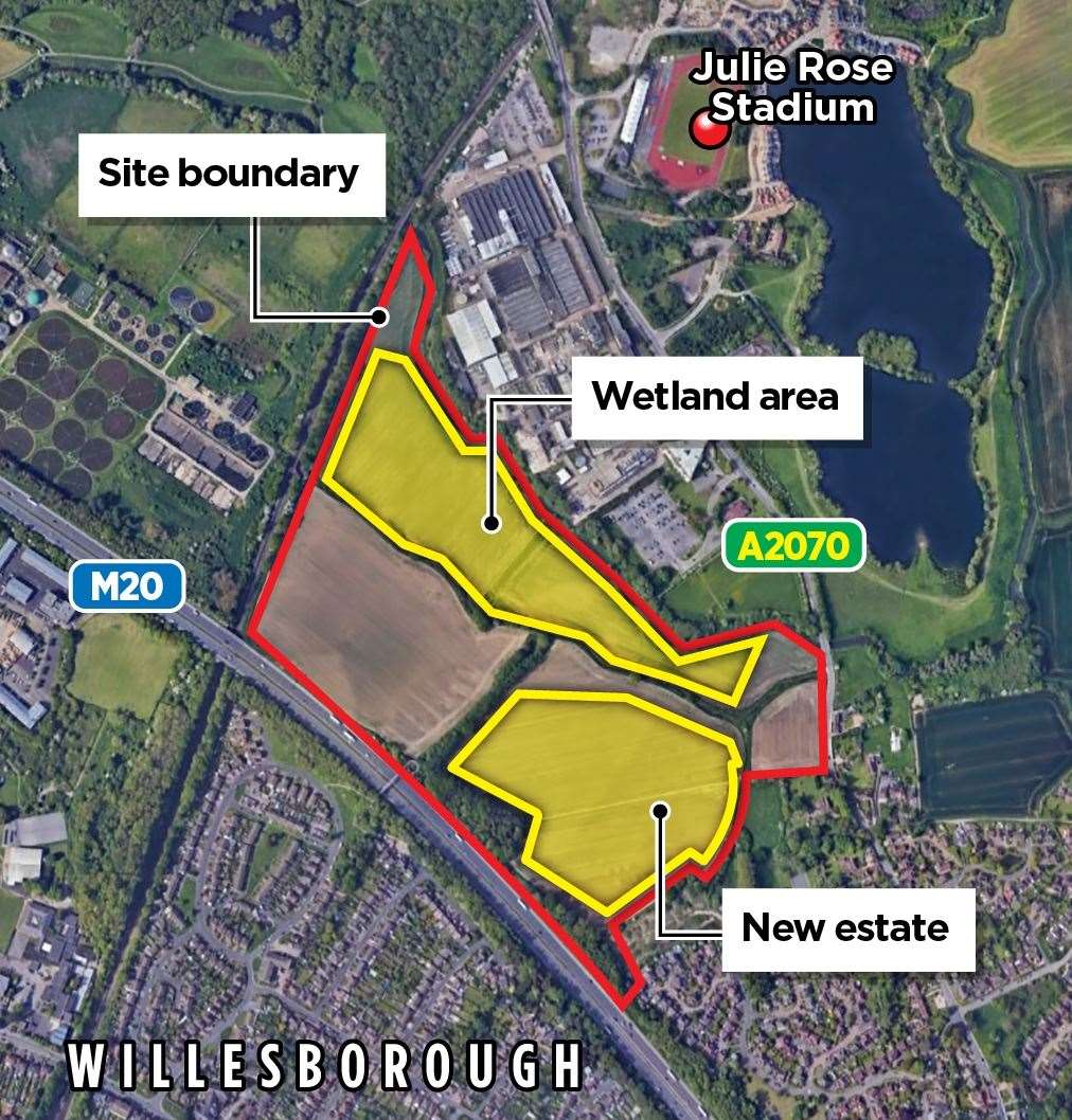 The location of the planned Kingsland Green homes and wetlands