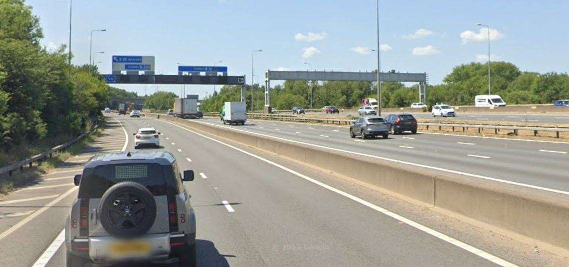 Traffic is being held on the M20 near Junction 5 at Aylesford due to concerns for a person's welfare. Picture: Google