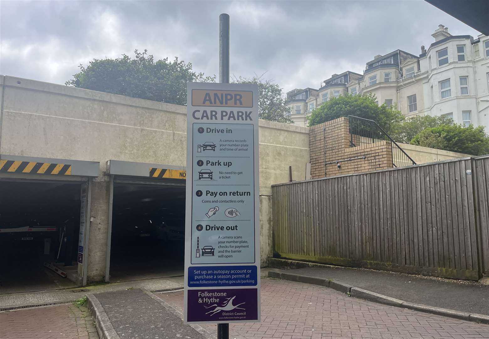 ANPR cameras were added to Sandgate Road car park in Folkestone in February as part of a 12-month trial; a tunnel at the rear of the car park leads to the Leas Cliff Hall
