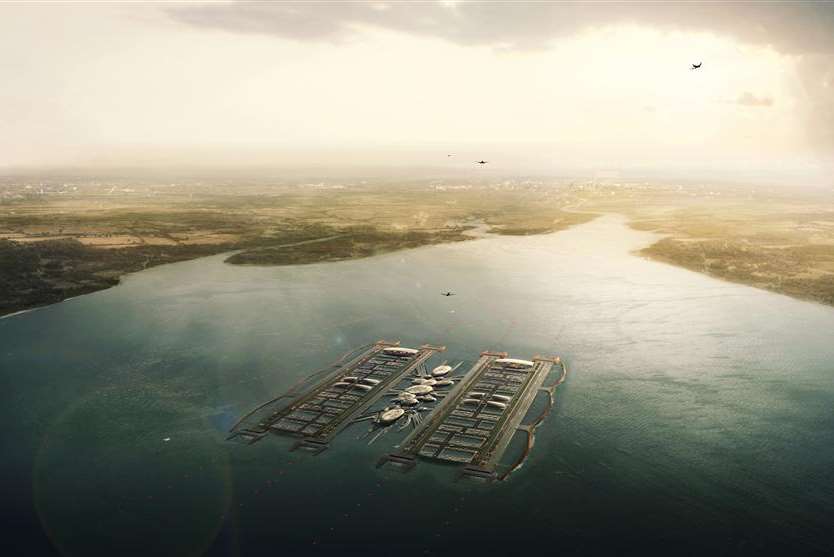 An artist's impression of a plan for a floating four-runway airport in the Thames Estuary called London Britannia
