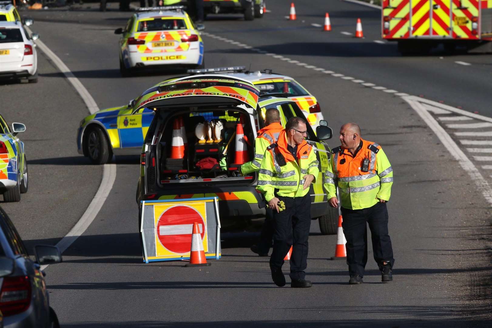 Police at the scene of the crash on the M2 between Gillingham and Sittingbourne. Picture: UKNIP (18872177)