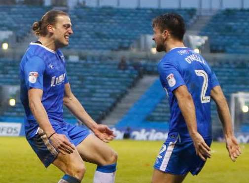 Tom Eaves and Luke O'Neill celebrate Gills' equaliser. Picture: Andy Jones