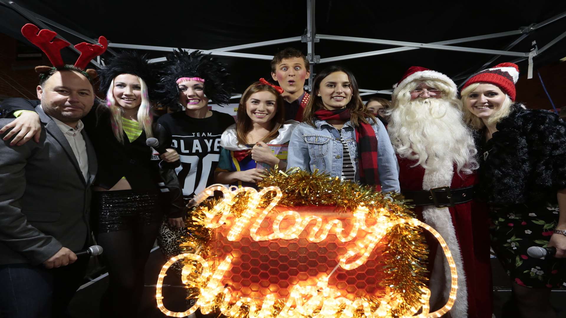 Kmfm breakfast show presenters Emma and Garry host the Fremlin Walk Christmas lights switch-on by Made In Chelsea's Lucy Watson