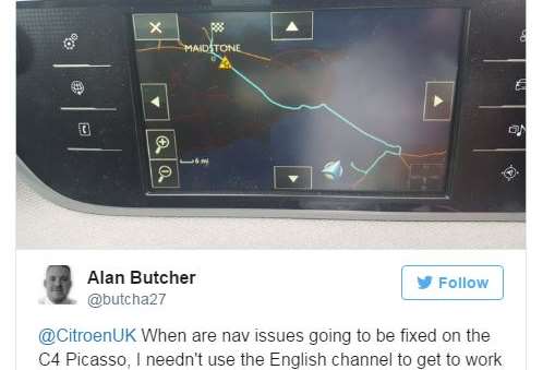 Alan Butcher took to Twitter with a picture of the satnav fail