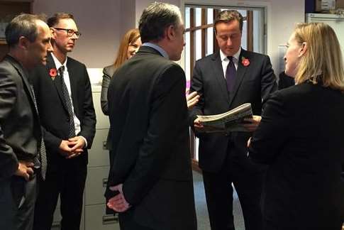 David Cameron meets KM Group chairman Geraldine Allinson and colleagues