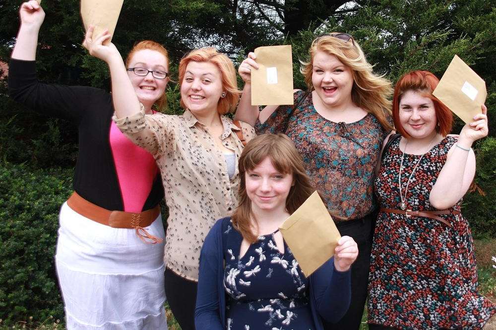 Celebrations for successful students at Hartsdown Academy, Margate. From left: Jessica Mills, Hannah Harris, Harley Russell, Vicky Jollis, and (front) Chloe Chamberlain.