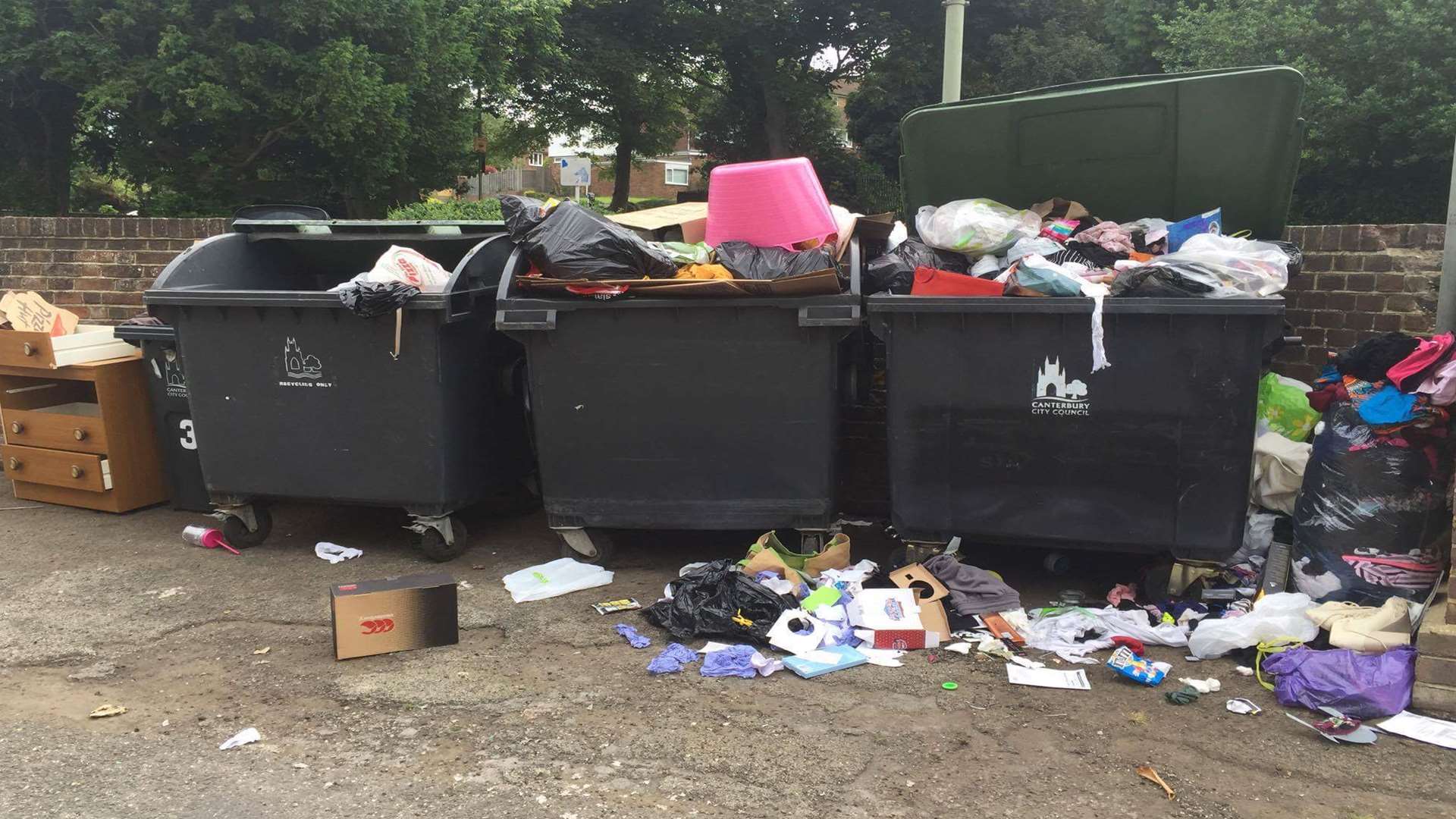 Overflowing bins in St Martin's Terrace, Canterbury - the day after it was cleared
