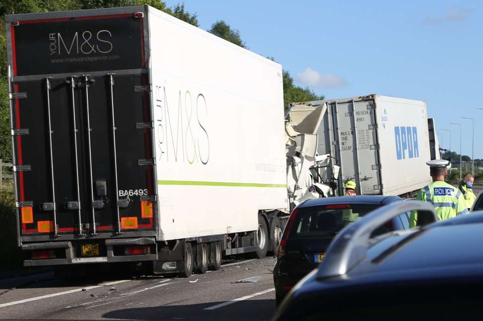 Two lorries and a car were involved in the M2 smash. Picture: Andy James/photo3.co.uk