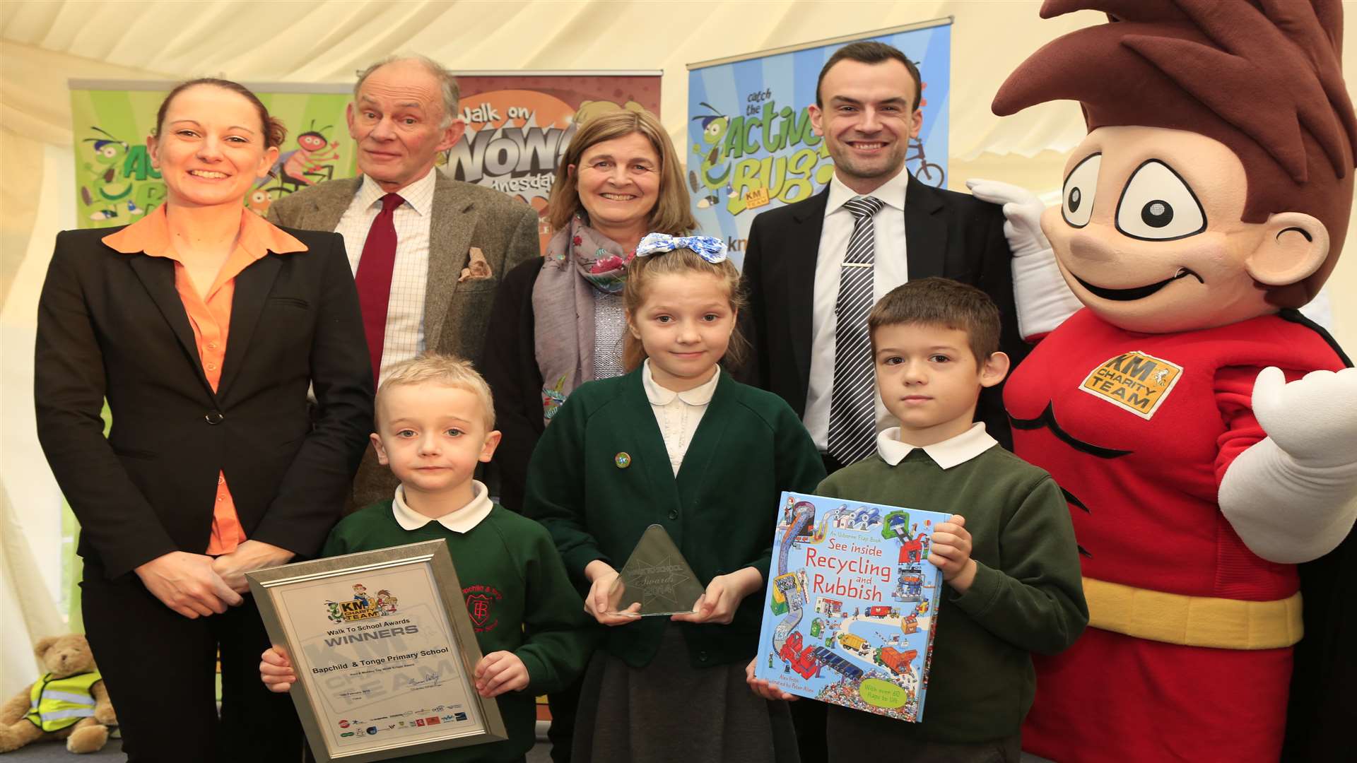 Kent wide Top WOW School winners Bapchild and Tonge Primary School at the KM Walk to School Awards with mascot Wowzer and supporters from Three R's Teacher Recruitment, Kent County Council and Countrystyle Recycling at Commissioner's House, Historic Dockyard, Chatham.