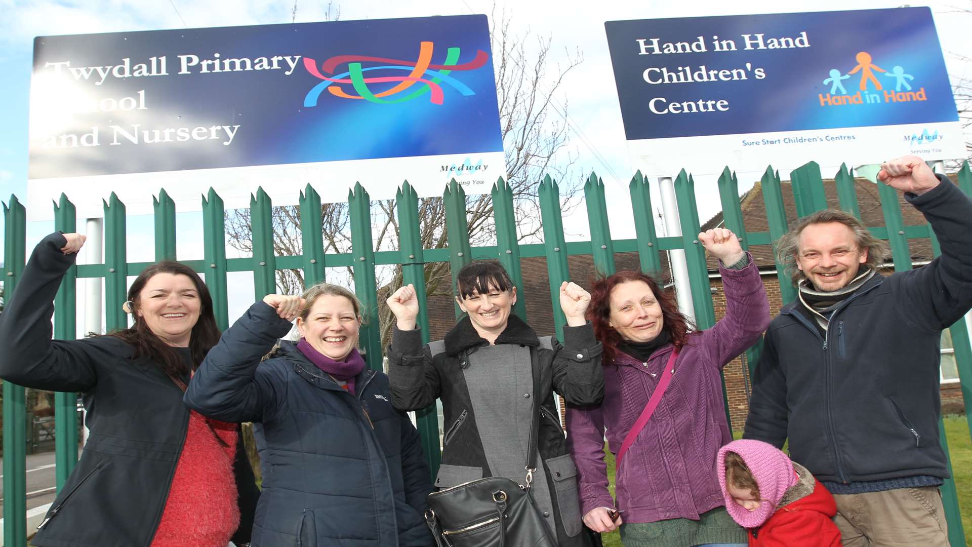 Parents Julie Firth, Rachel Kemp, Deonne Tring, Emma and Justin celebrate after hearing the news.