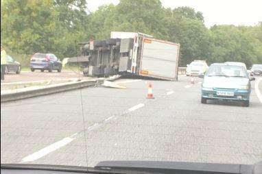 A lorry has smashed into the central reservation on the A21 near Tonbridge. Picture: @CAEkers (3829303)