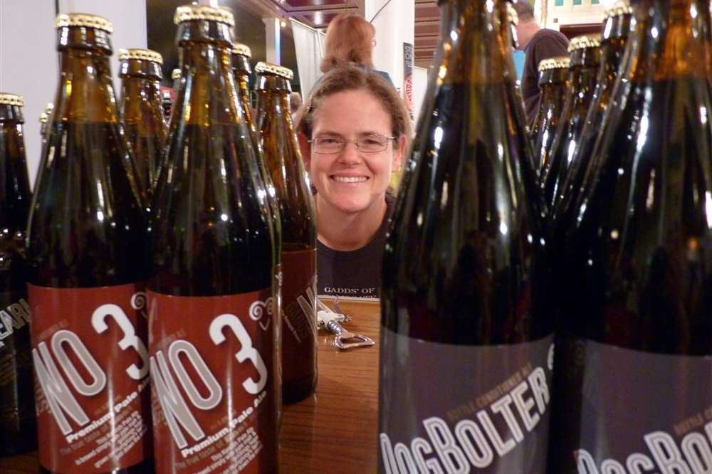 Gadds No 3 beer is a finalist for the Best Kentish Beer Award in Produced In Kent's 2014 A Taste Of Kent Awards. Bottles of the brew are pictured with Lois Gadd, of Gadds brewery, alongside "DogBolter", from the same producer.