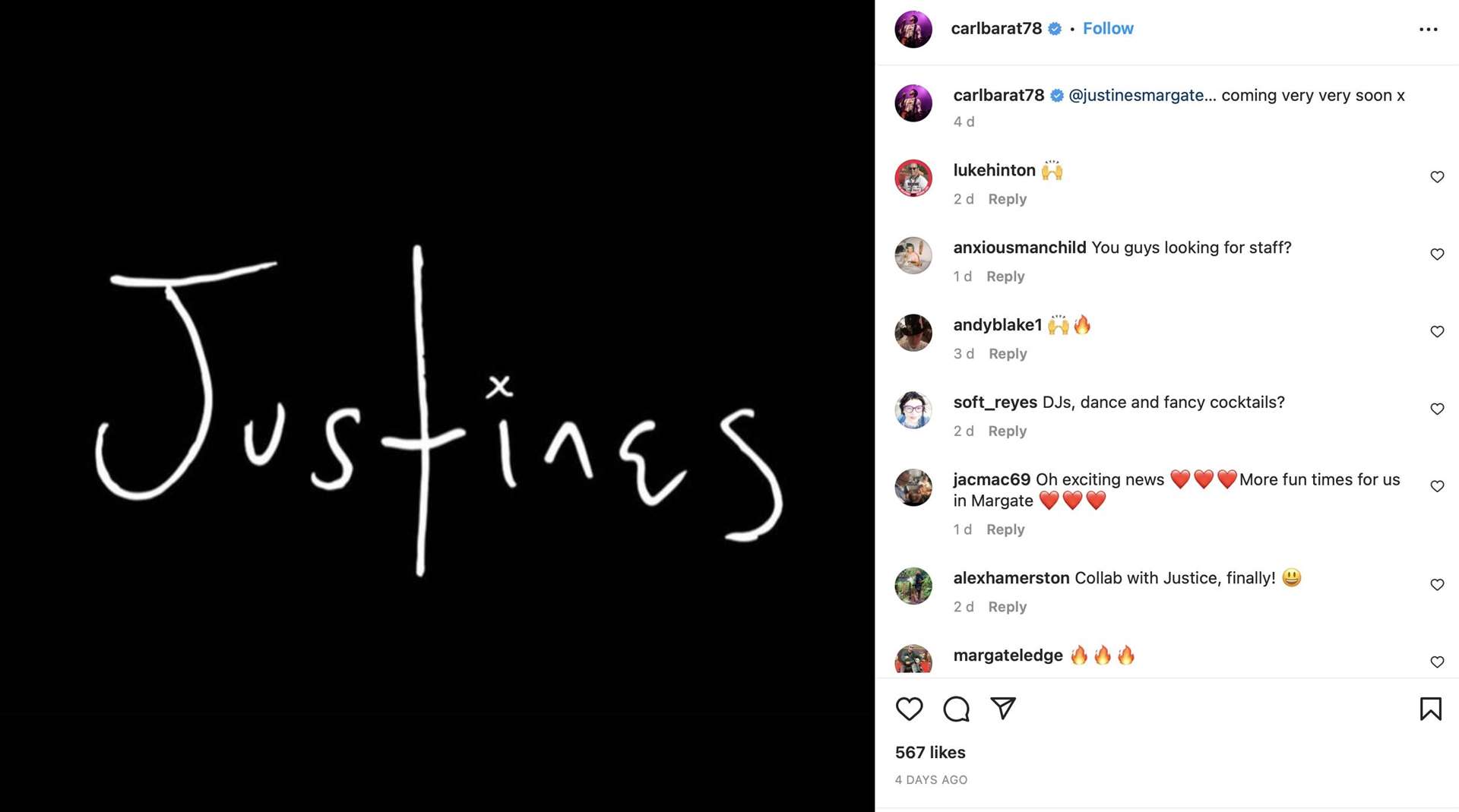 Carl Barât has been teasing Instagram fans over the arrival of his new music festival, Justine's. Picture:@carlbarat78/Instagram