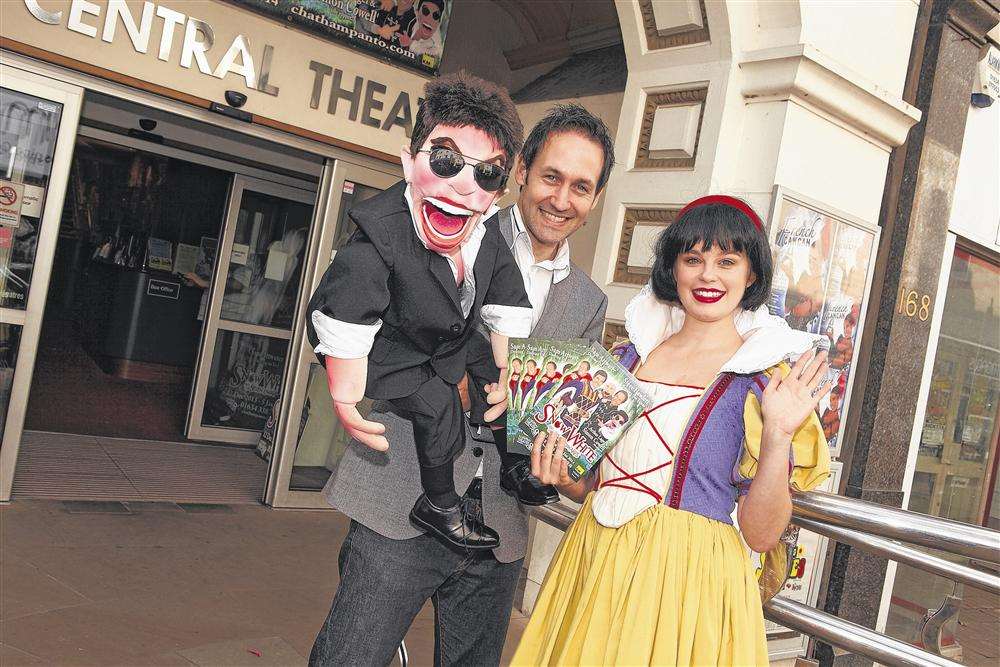 Tarryn Gee as Snow White at Chatham's Central Theatre, with Steve Hewlett and his Simon Cowell puppet.