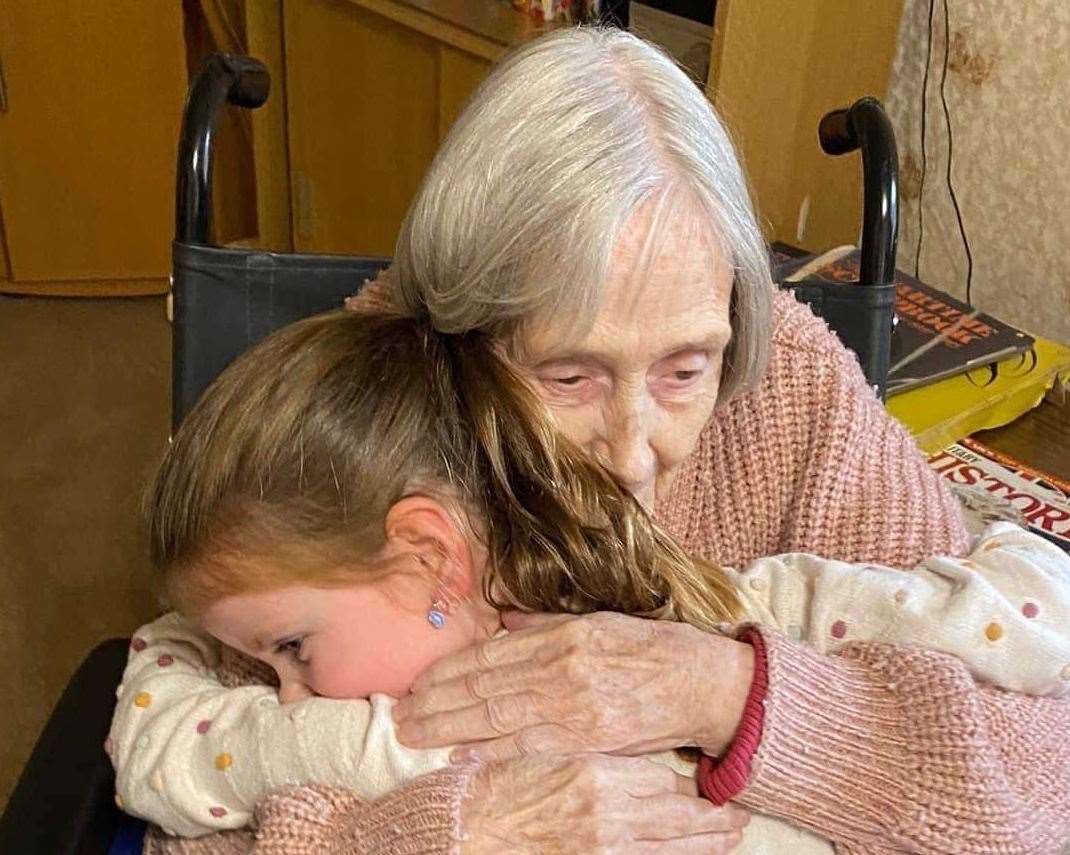 Margaret Harcup, 91, pictured with her great-grandchild Winnie, died after she went on hunger strike at her new Faversham care home. Picture: Sharron Granger