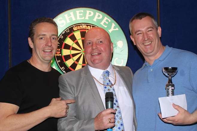 Classic pairs winners Paul Dawkins and Lee Mant with Dave 'Darts' Dempsey