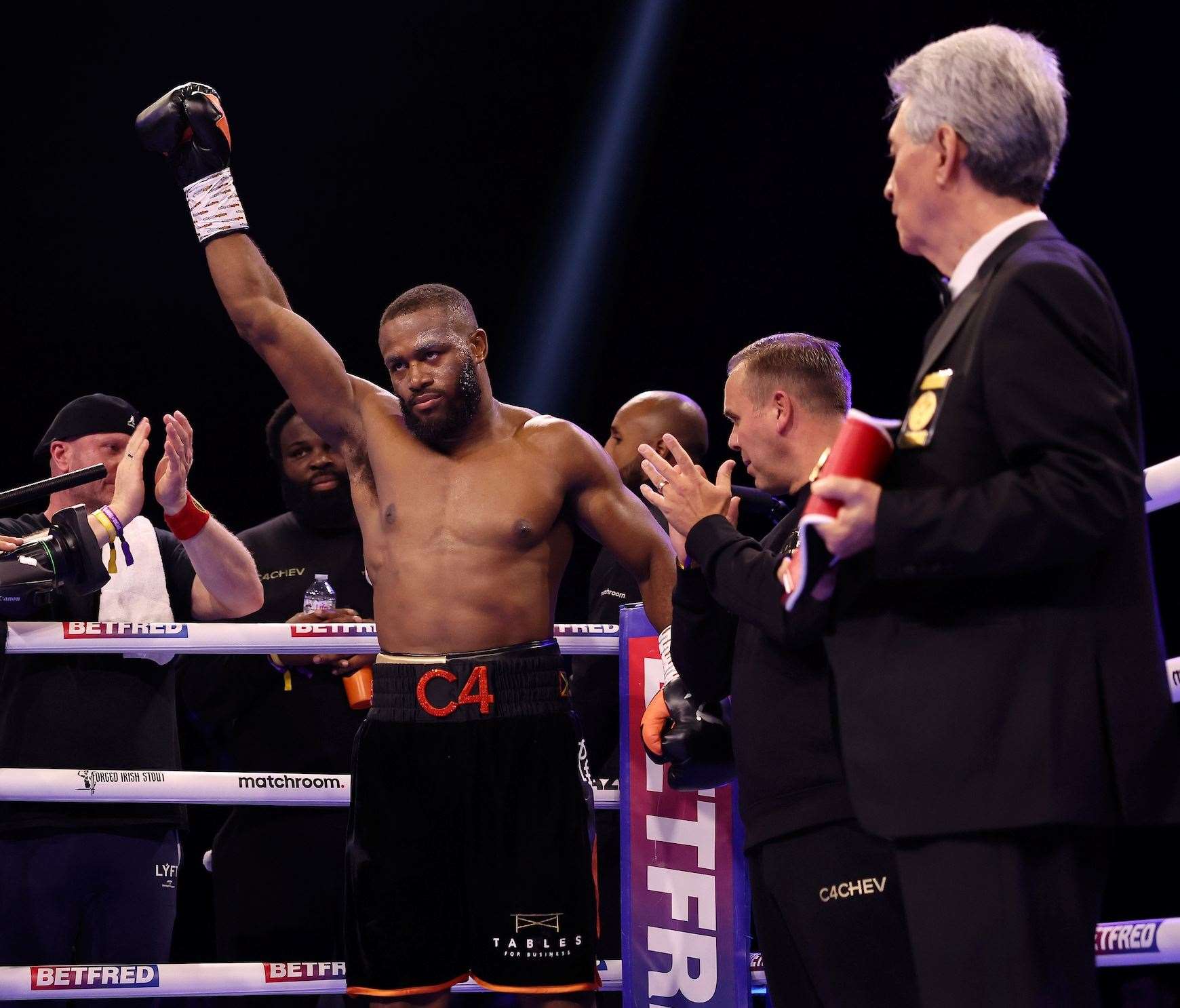 Cheavon Clarke celebrates beating Vasil Ducar for the vacant IBF International Cruiserweight title in London. Picture: Mark Robinson/Matchroom Boxing