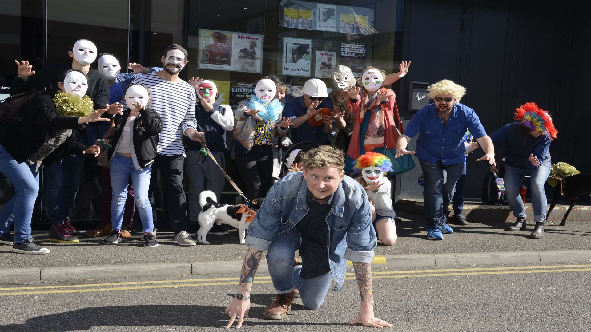 Performance artist Byron Vincent gets Noel Edmonds lookalikes and clowns to chase him Picture: Paul Amos