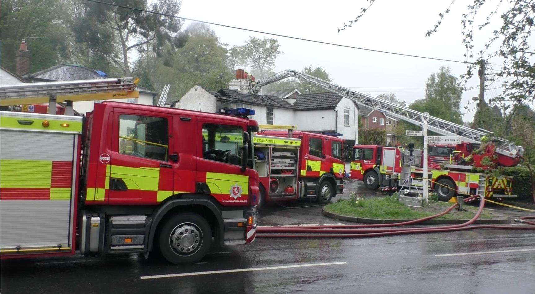 Crews at the scene of the fire in Harrow Road, Knockholt, near Sevenoaks