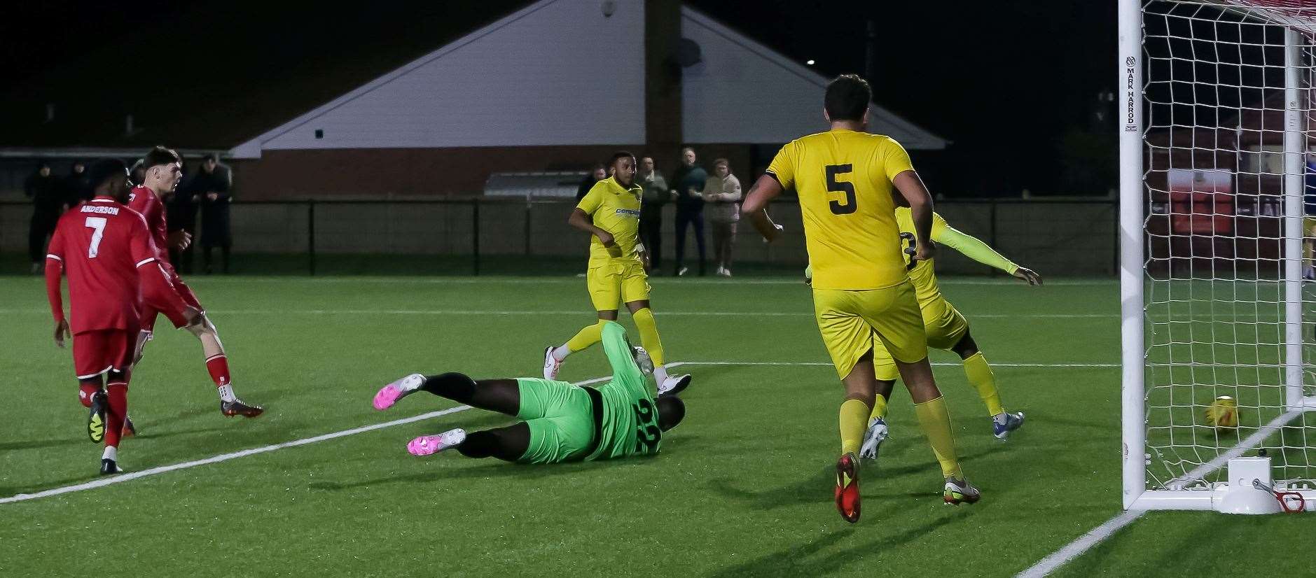Harvey Smith scores for Whitstable - but his second-half strike is a mere consolation in their Kent Senior Trophy Semi-Final 2-1 defeat at home to Croydon on Tuesday. Picture: Les Biggs