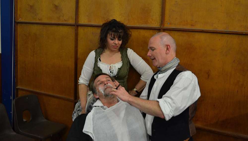 Chris Chedzey as Sweeney Todd with Angela Gallone as Mrs Lovett and Derry Martin as Judge Turpin