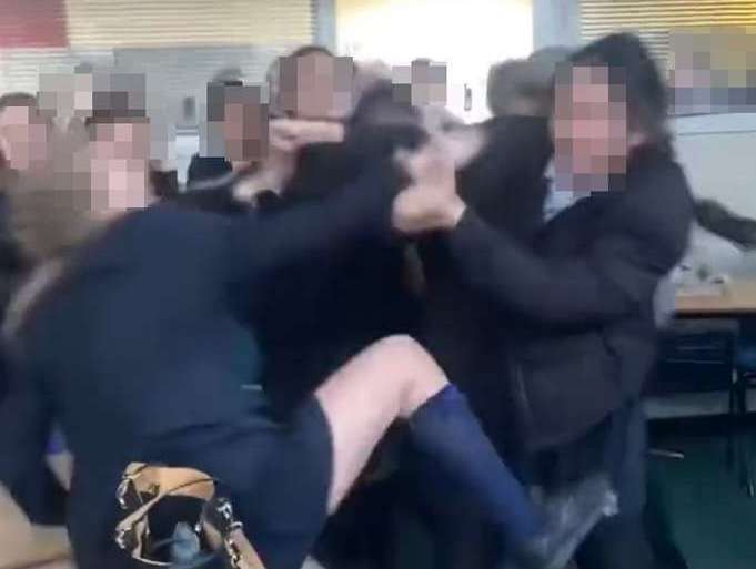 A video of a brawl erupting at Walderslade Girls School in Chatham went viral online. Picture: Twitter/@georgiiee_xo