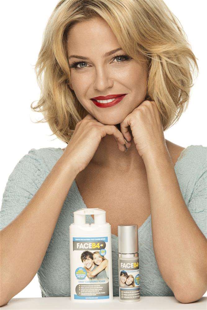 Sarah Harding with the FaceB4 skin products which have been produced by Medichem