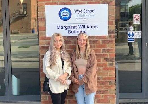 Wye School pupils Amelia Pullen and Abi Holroyde celebrate their places at King’s College London to study pharmacy and Kent to study architecture