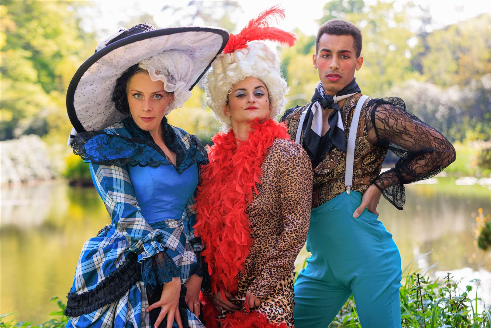 Left to right: Annabelle Blake as Mrs Candour, Kathryn Perkins as Lady Sneerwell, and Brayden Emmanuel as Sir Benjamin Backbite, in Changeling Theatre's production of School for Scandal