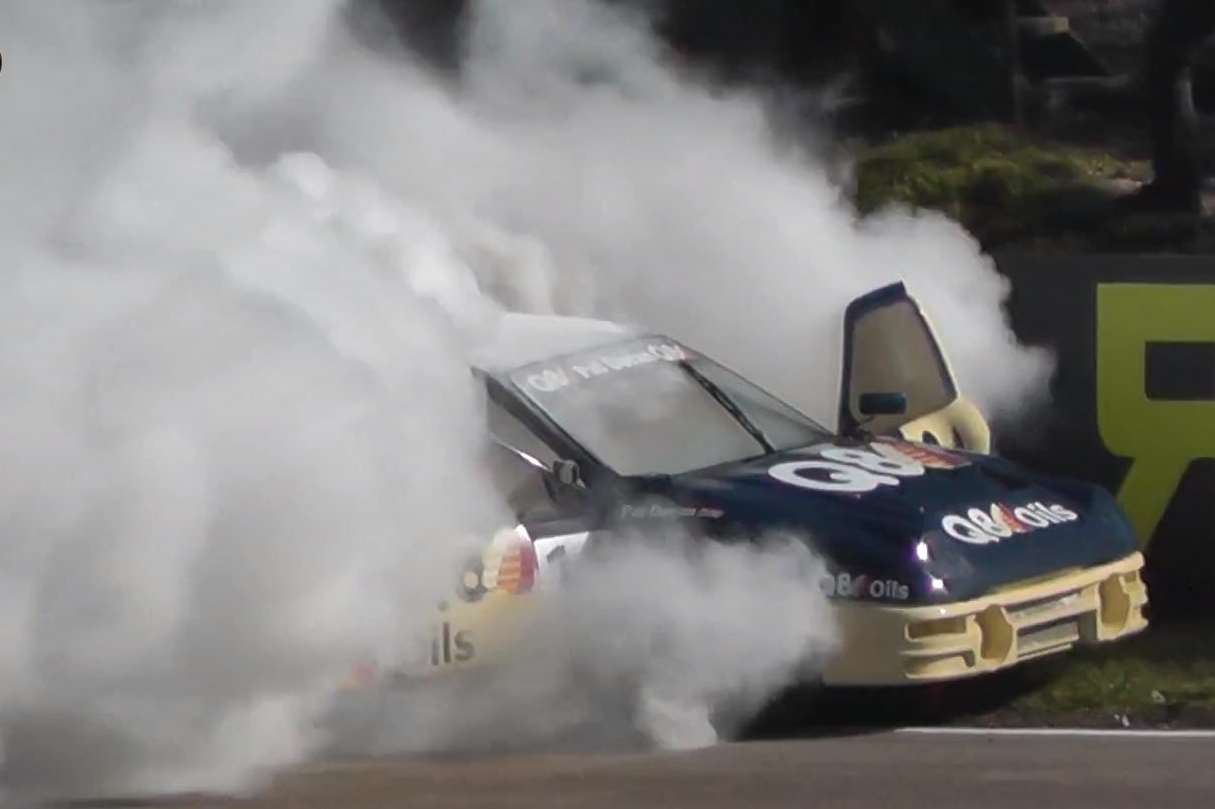 Smoke billows from the vehicle at Lydden Hill race circuit. Picture: allthekasparas/YouTube
