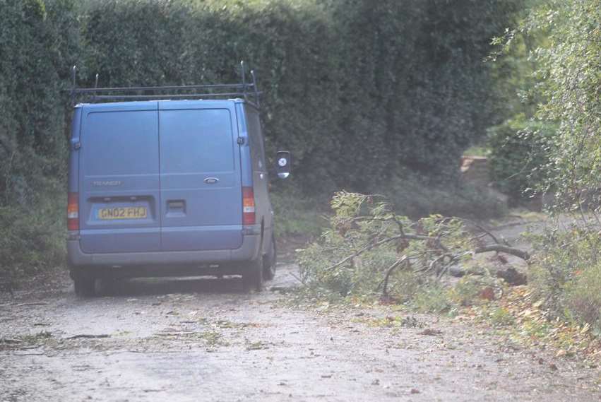 A van drives around a branch on a road in Hunton