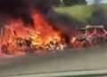 Video: Motorway delays after two-vehicle fireball