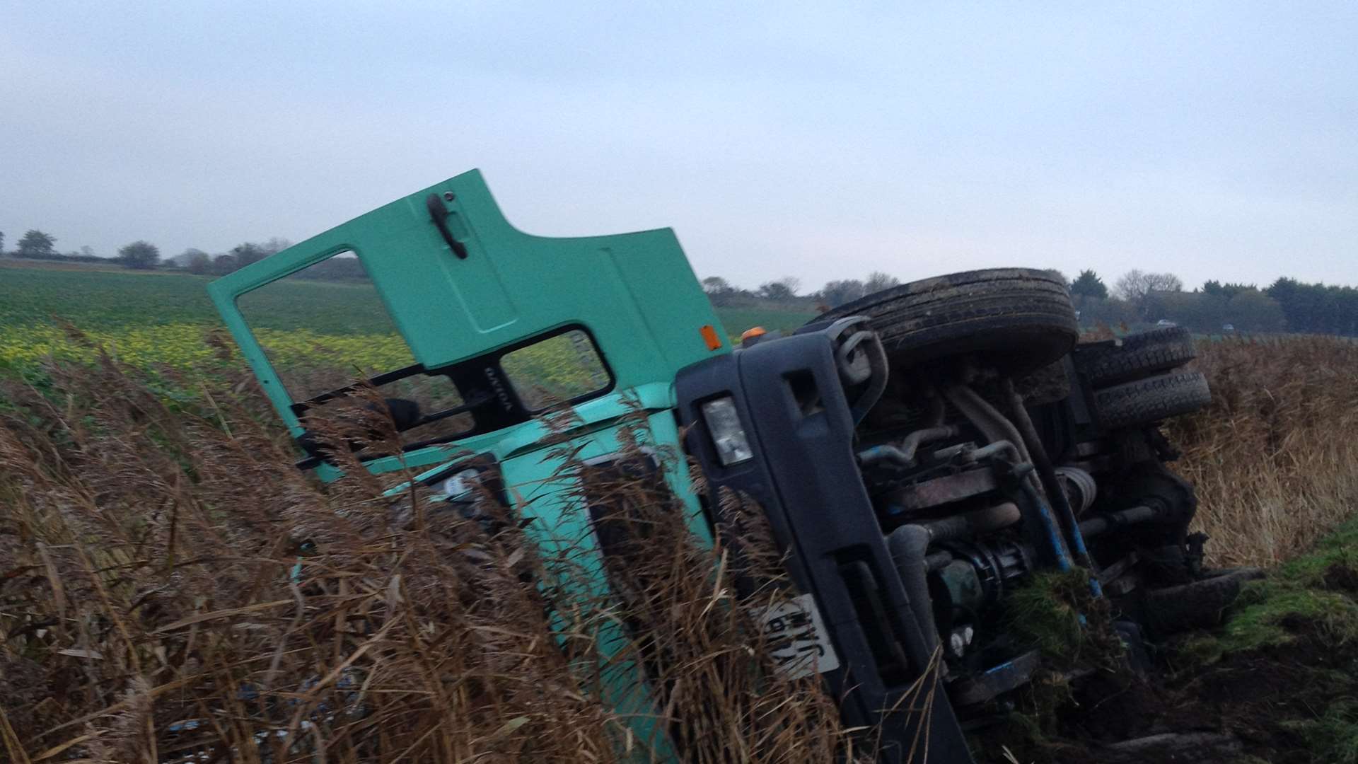 The overturned lorry at Brookland. Picture courtesy of South East Coast Ambulance Service.