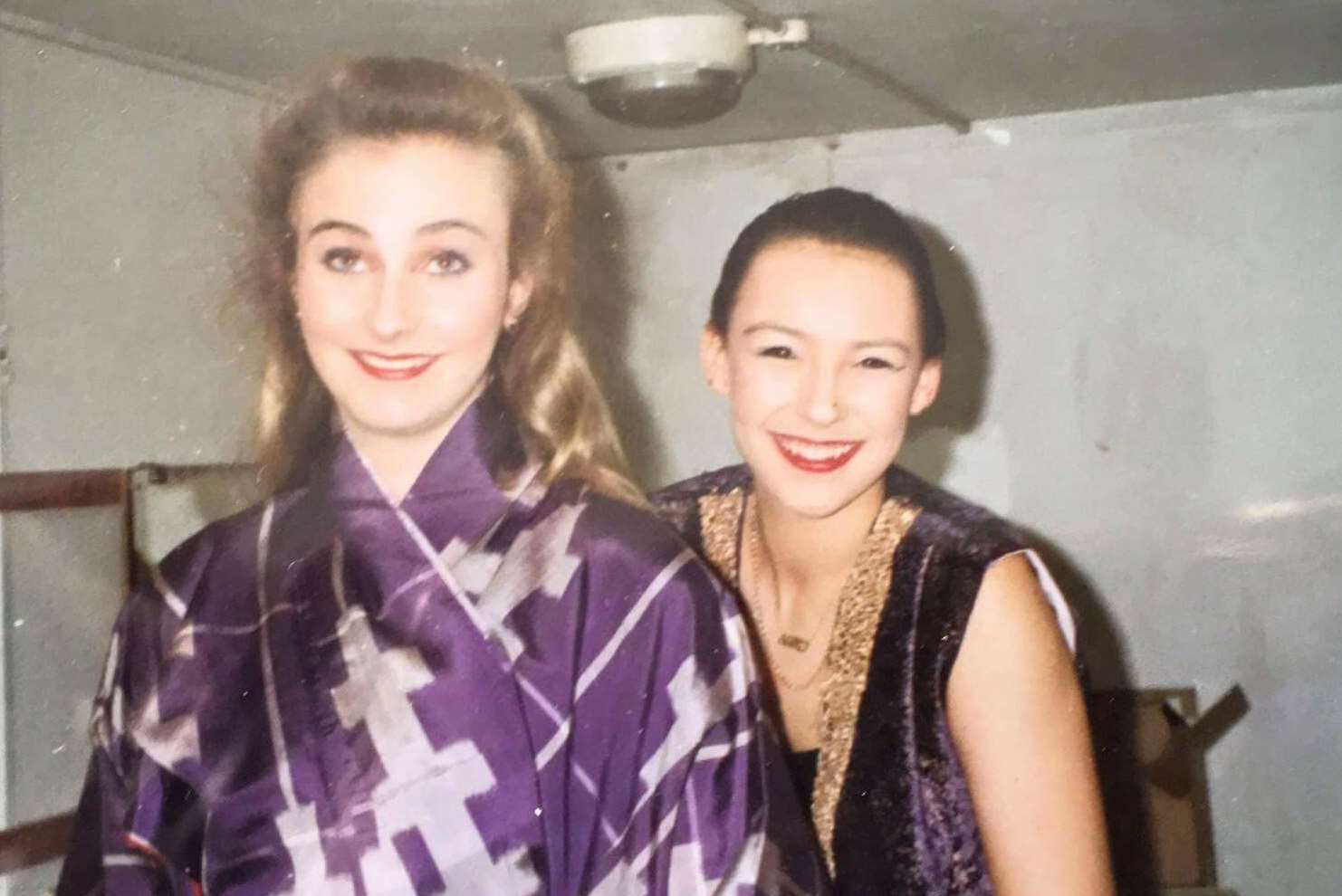 Nikki White (right) and her college friend prepare for their panto performance, circa 1992