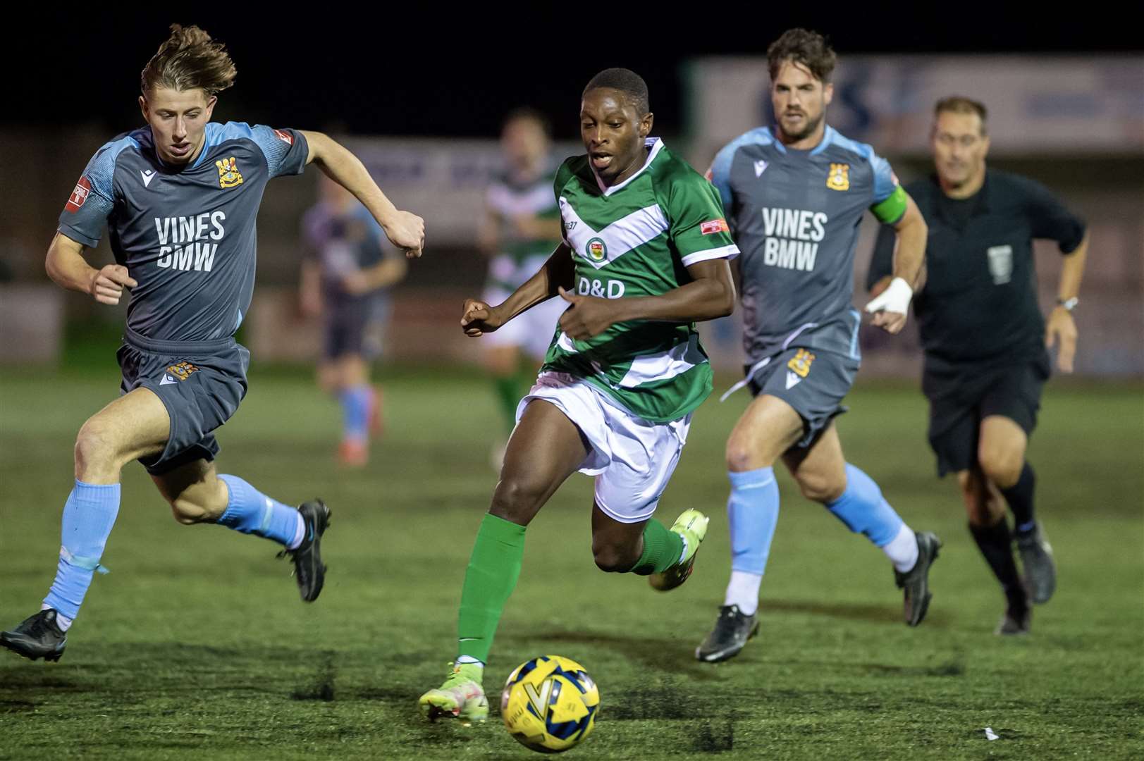 Lanre Azeez runs at the Three Bridges defence on Tuesday night. Picture: Ian Scammell