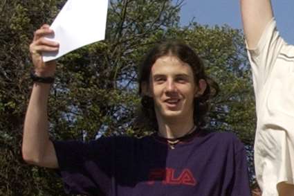 Richard Huckle pictured celebrating his A-level results at the Harvey Grammar School in 2003.