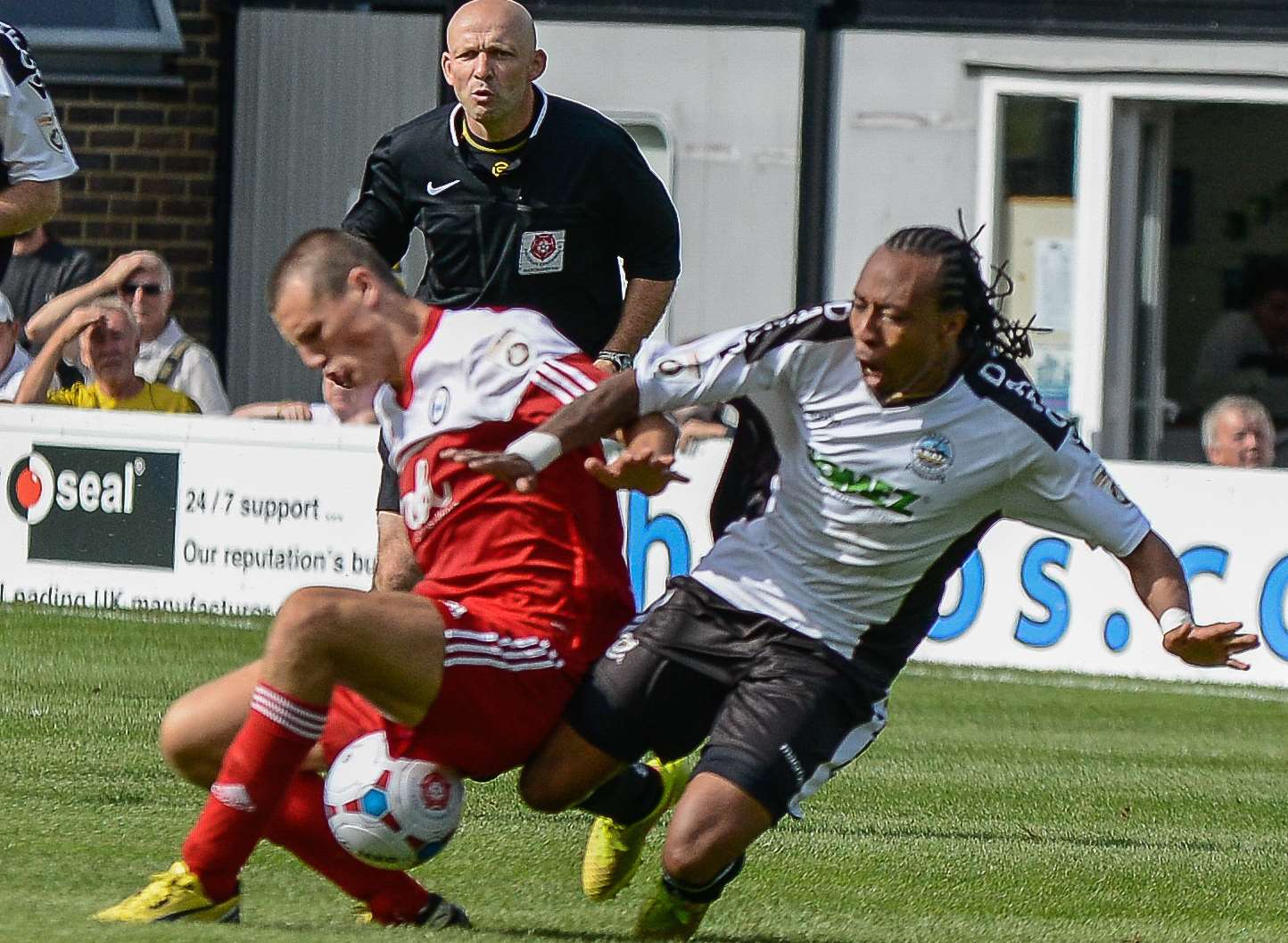 Dover's Ricky Modeste, right, in action against Halifax in the Vanarama Conference clash at Crabble