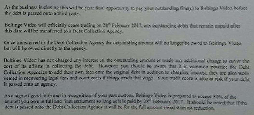 An extract from the letter sent out by Beltinge Video
