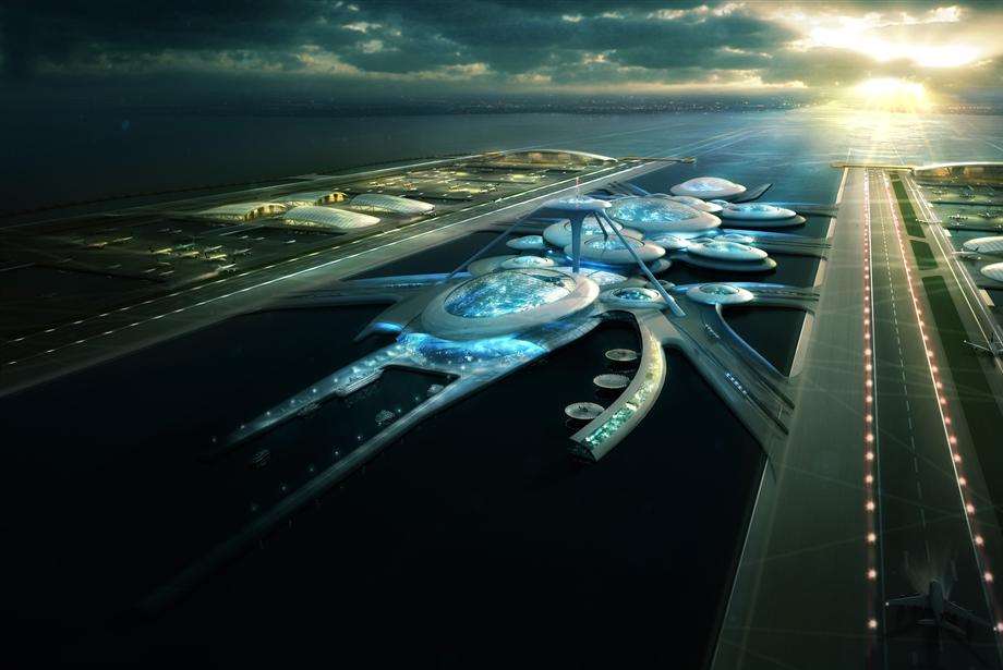 An artist’s impression of a plan for a floating four-runway airport in the Thames Estuary called London Britannia