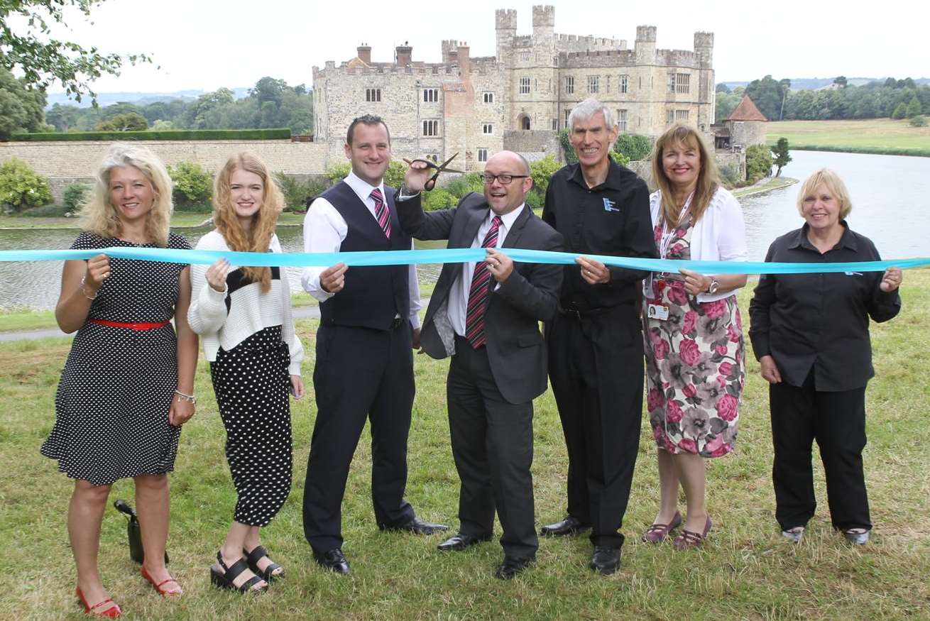 Supporters of KM Walk to School cutting the ribbon at Leeds Castle are from left, Libby Lawson (KM) Hannah Lawrence (Leeds Castle), Matt Trusty and David Cavender (Specsavers), Nicholas Brook (Independent Music Productions), Elizabeth Carr (Mini Babybel), and Margaret Brook (Independent Music Productions).