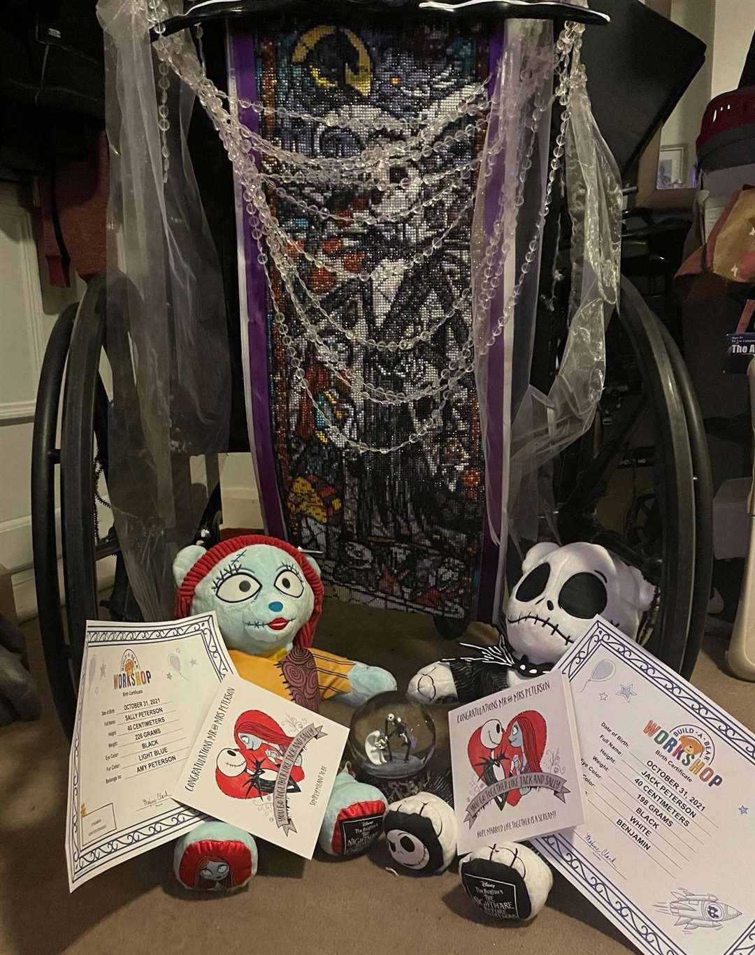 Amy Paterson decorated her wheelchair in a Halloween style for her wedding