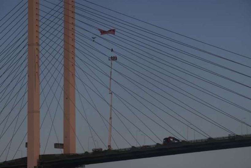 Two men caused days of disruption when they camped out above the QEII bridge at the Dartford Crossing. Picture: UKNIP