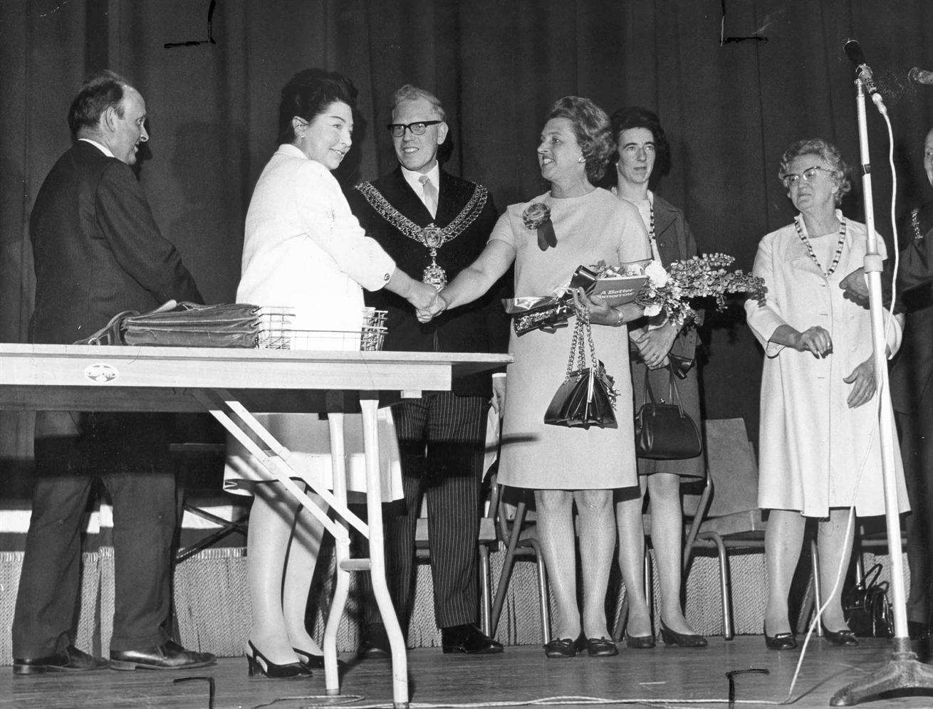 Peggy Fenner, late Dame Peggy, is congratulated by her Labour opponent Anne Kerr - then the sitting Member - after winning Rochester and Chatham for the Tories in 1970