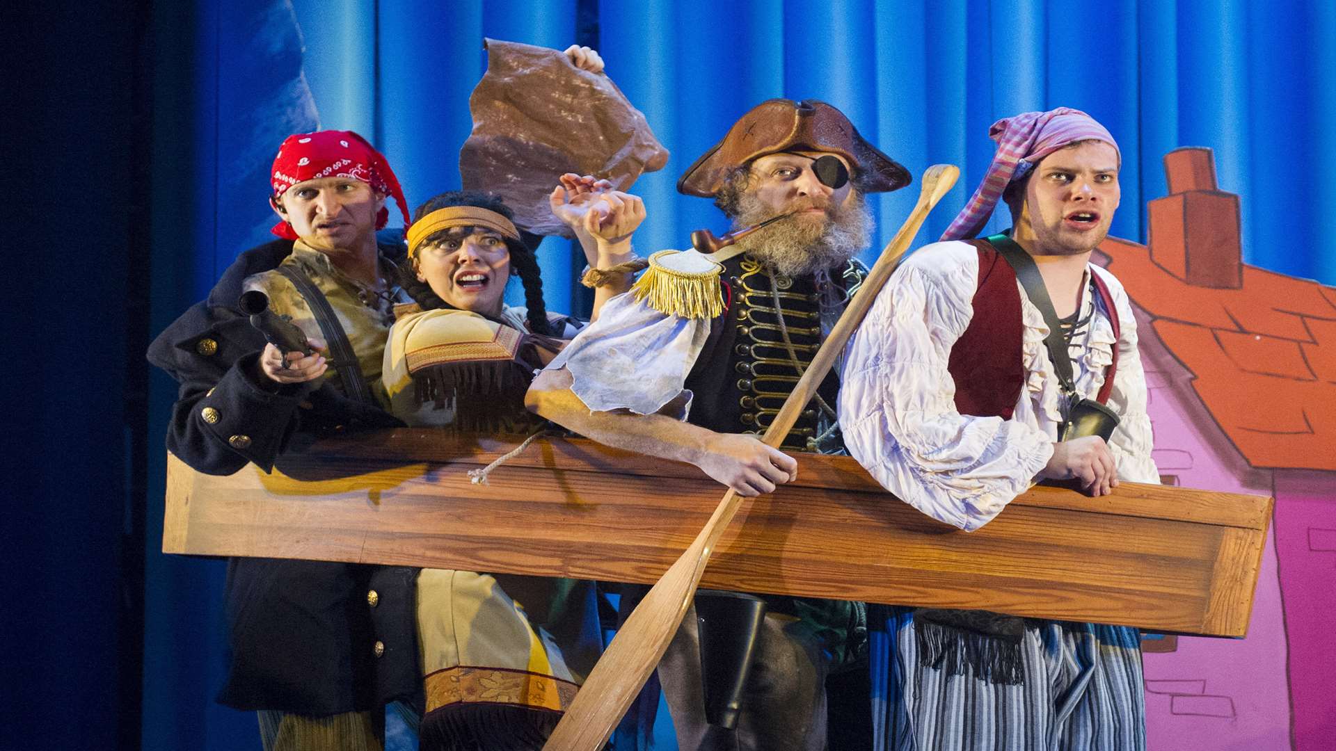 James Marlowe, Naomi Sheldon, Cornelius Booth and Harry Kershaw as the pirates in Peter Pan Goes Wrong