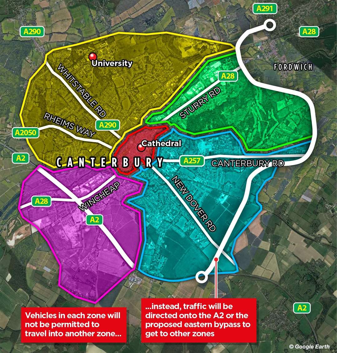 The now-scrapped Canterbury traffic zoning plan. The city would have been divided into five new neighbourhoods which drivers were not allowed to drive directly between