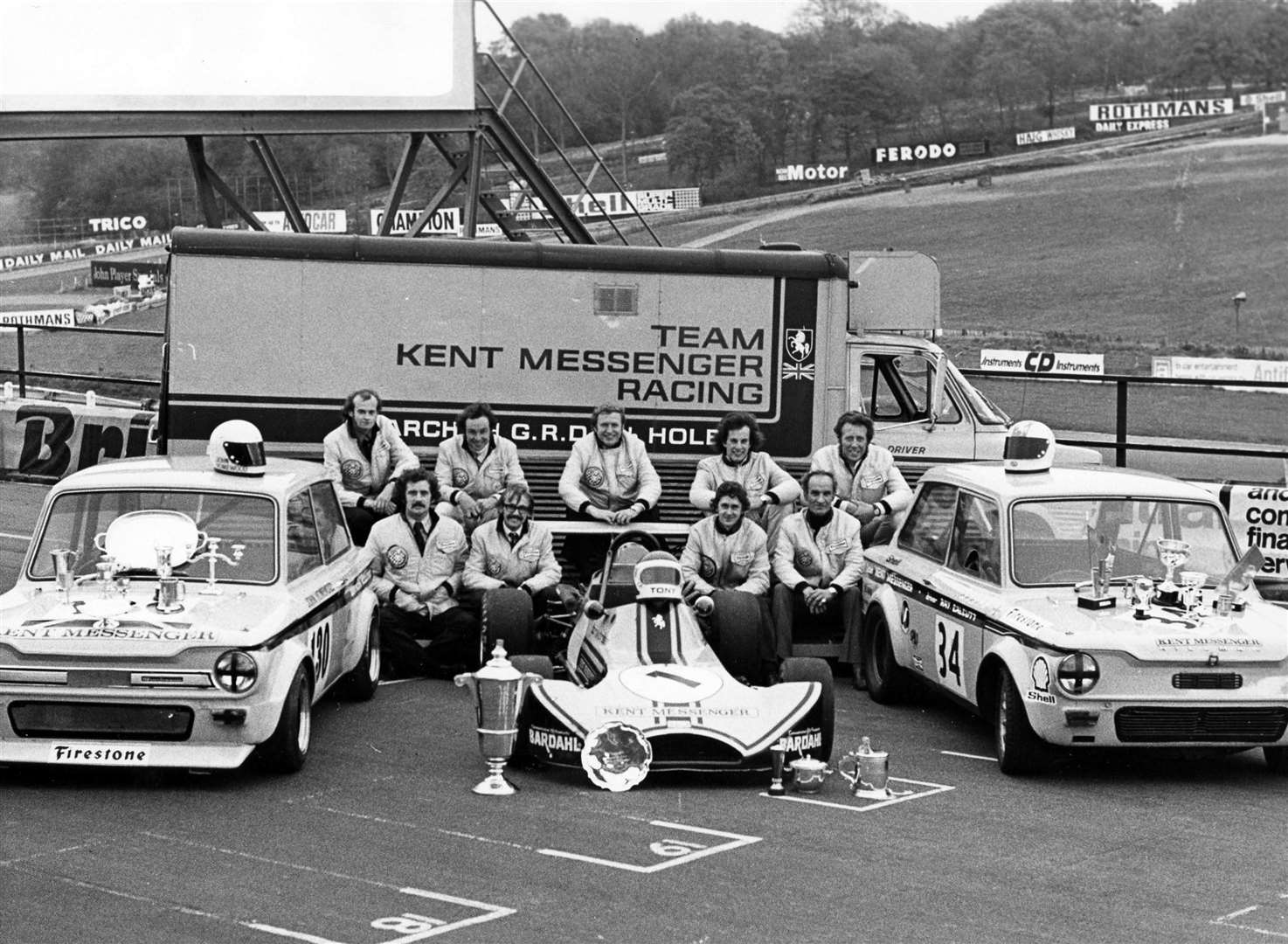 Team Kent Messenger Racing on the Brabham Straight at Brands Hatch. As well as supporting Brise's F3 effort in the early 1970s, the KM also backed two Hillman Imps in Special Saloons