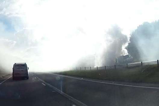 The van fire on the A249 Sheppey-bound carriageway. Pic: @Jme_Bud